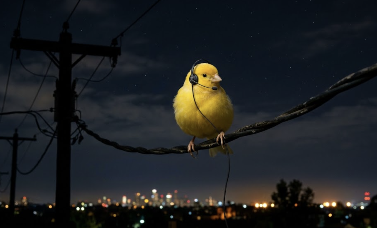 A canary wearing a call-center headset, perched on a telephone wire at night with city lights behind it
